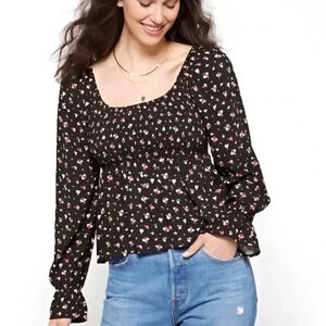 Daisy & Delilah Boho Black Floral Top Smocked Bodice Long Bell Sleeve Women’s M